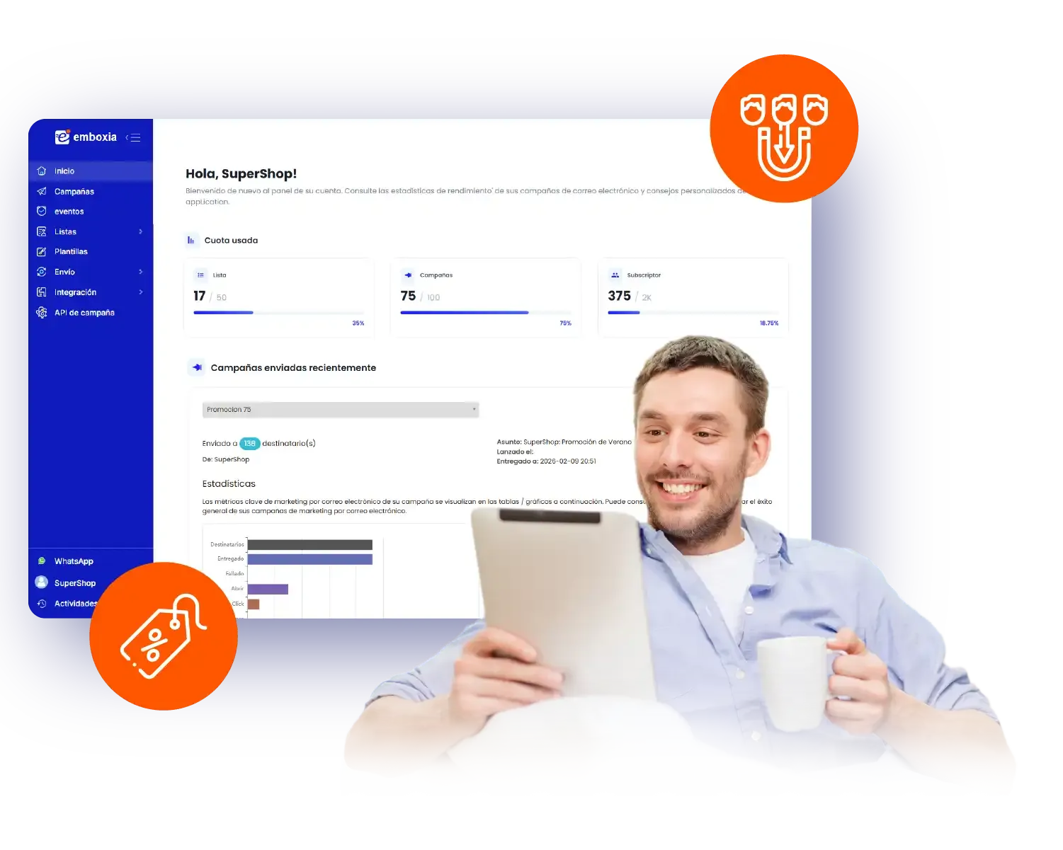Emboxia dashboard showing usage quota and email campaign statistics
